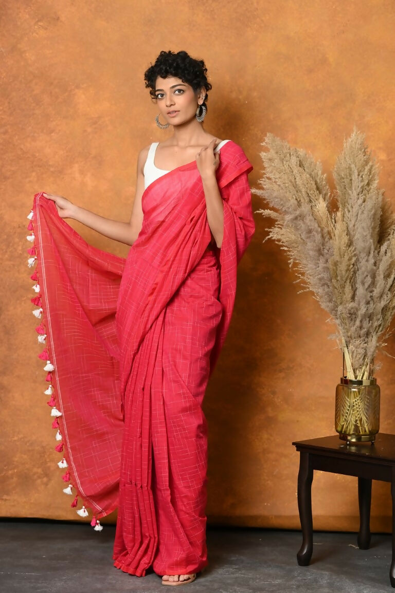 Very Much Indian Mul Cotton Khadi Design Handloom Woven Saree - Pink