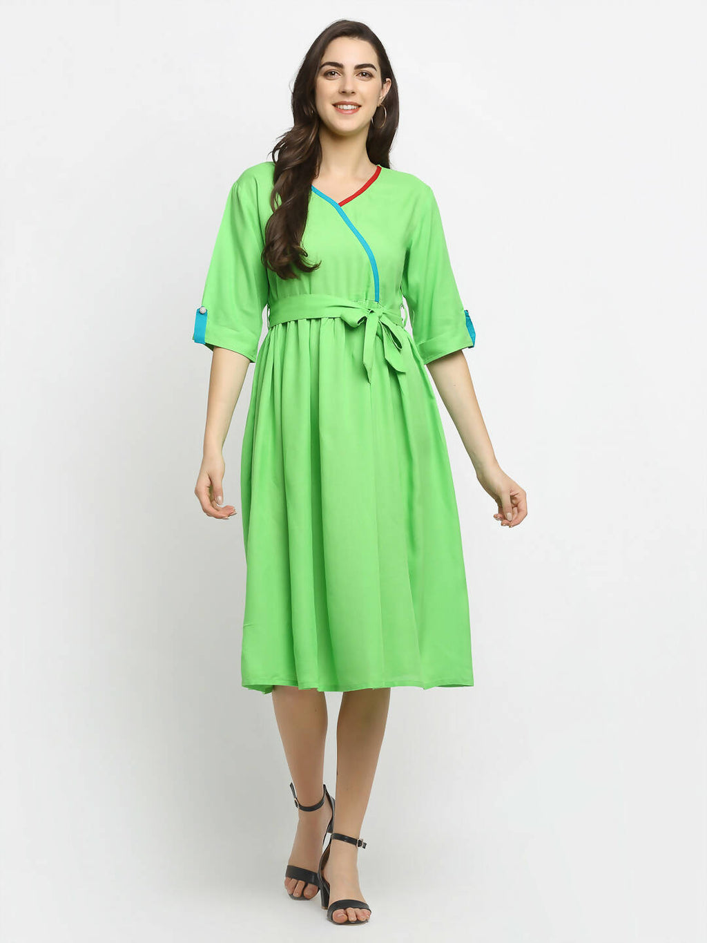 Rudra Bazaar Lime Green Flared Kurta with Belt
