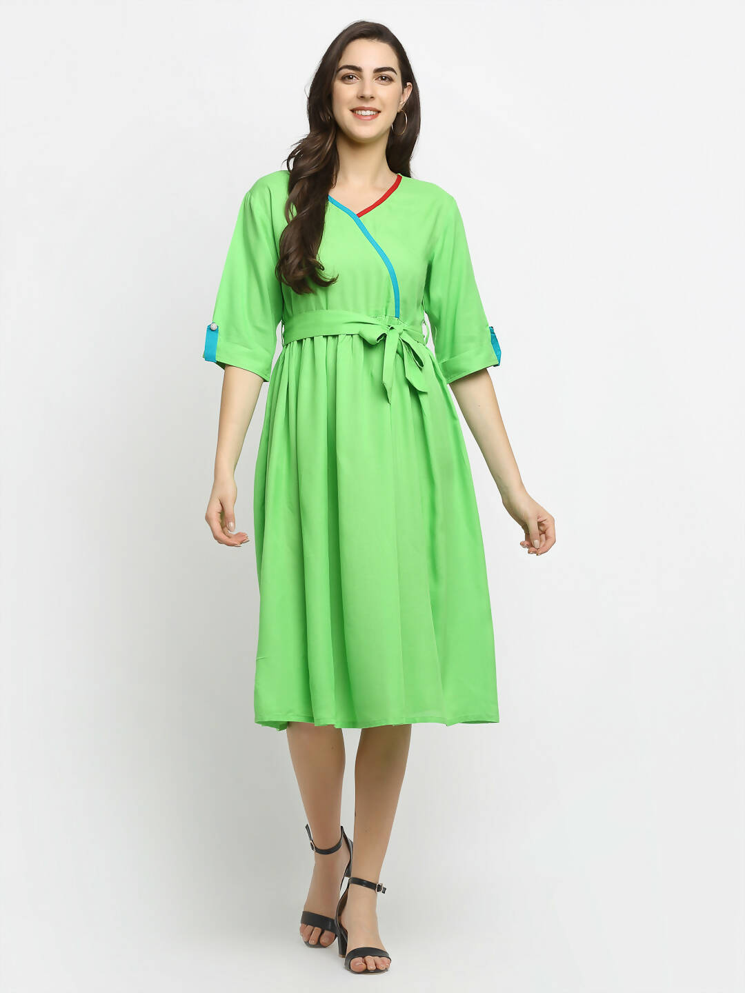 Rudra Bazaar Lime Green Flared Kurta with Belt
