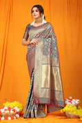 Jyoti Fashion Women's Grey Kanjivaram Silk Zari Woven Saree with Blouse