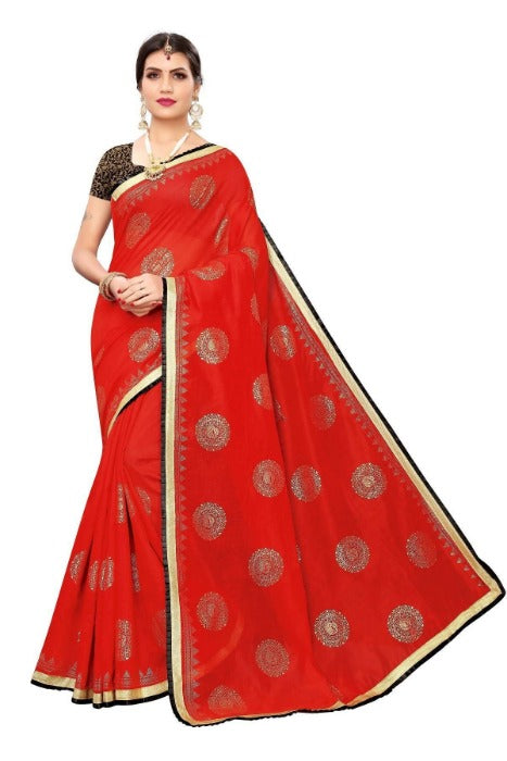 Vamika Chanderi Cotton Foil Print Red Saree (GOLDEN BIRD Red)