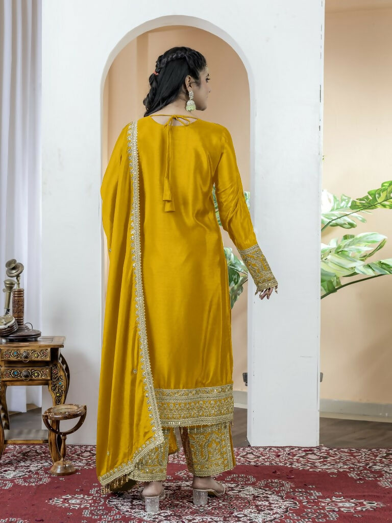 Teeya Creation Yellow Color Chinnon Silk Embroidery Work Fully Stitched Salwar Suit
