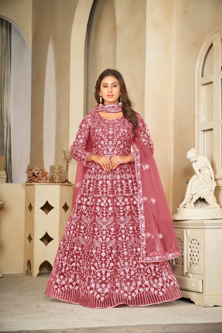Jyoti Fashion Women's Gajri Net Embroidered Anarkali Kurta Pant Set With Dupatta