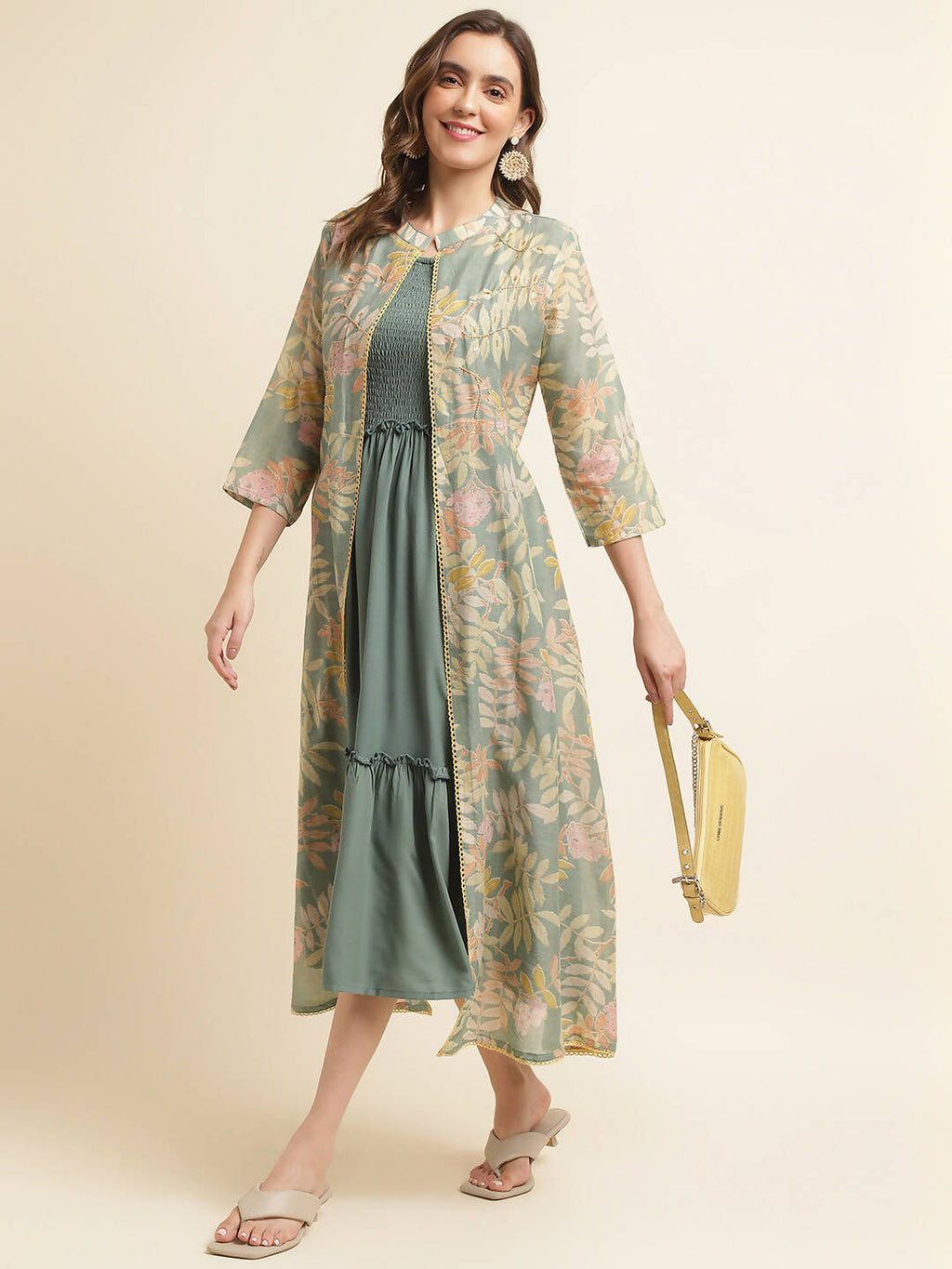 Green Cotton Solid Flared Dress with Printed Shrug - Yukti