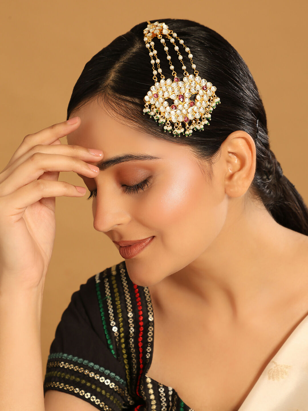 Nuyug 22K Gold-Plated Kundan & Red Stone Studded Jhumar Paasa Head Jewellery