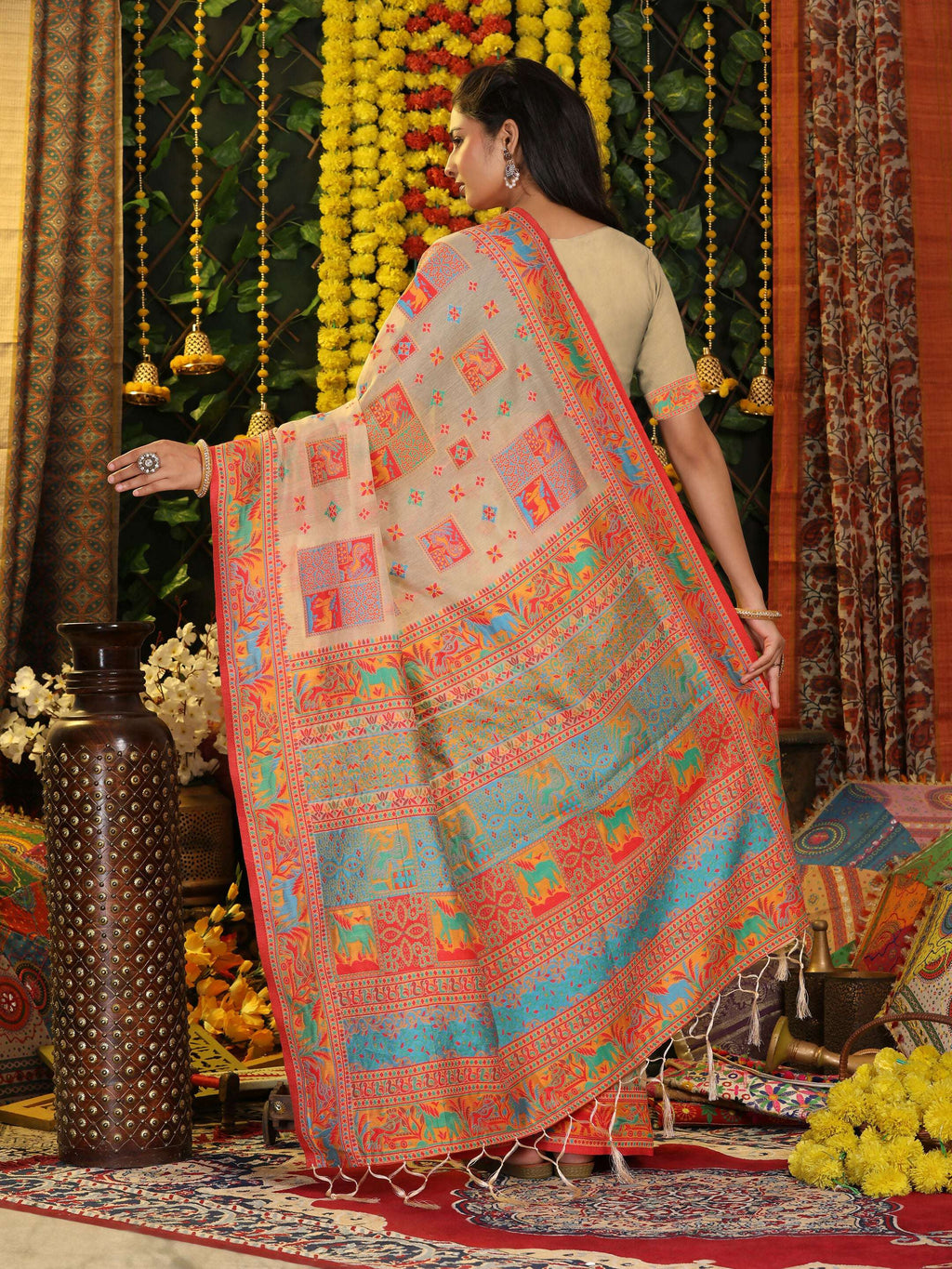 Shree Shyam Fashion Linen Cotton Off White Saree