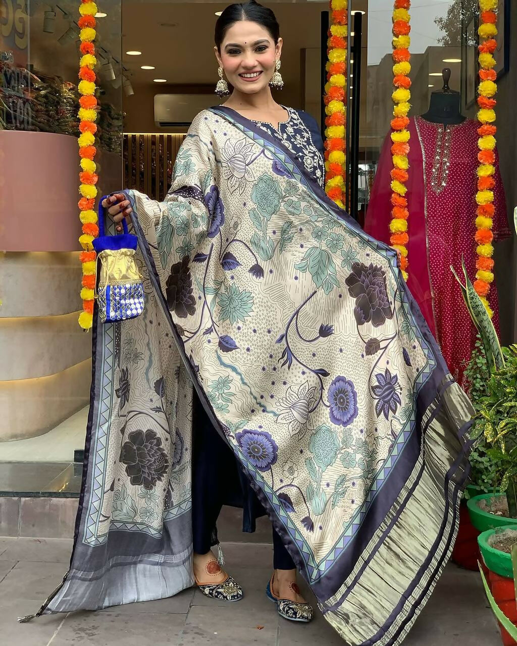 The52 Navy Blue Women's Beautiful Viscose Chanderi Fabric Embroidered Work Straight Kurta Pant and Dupatta Set