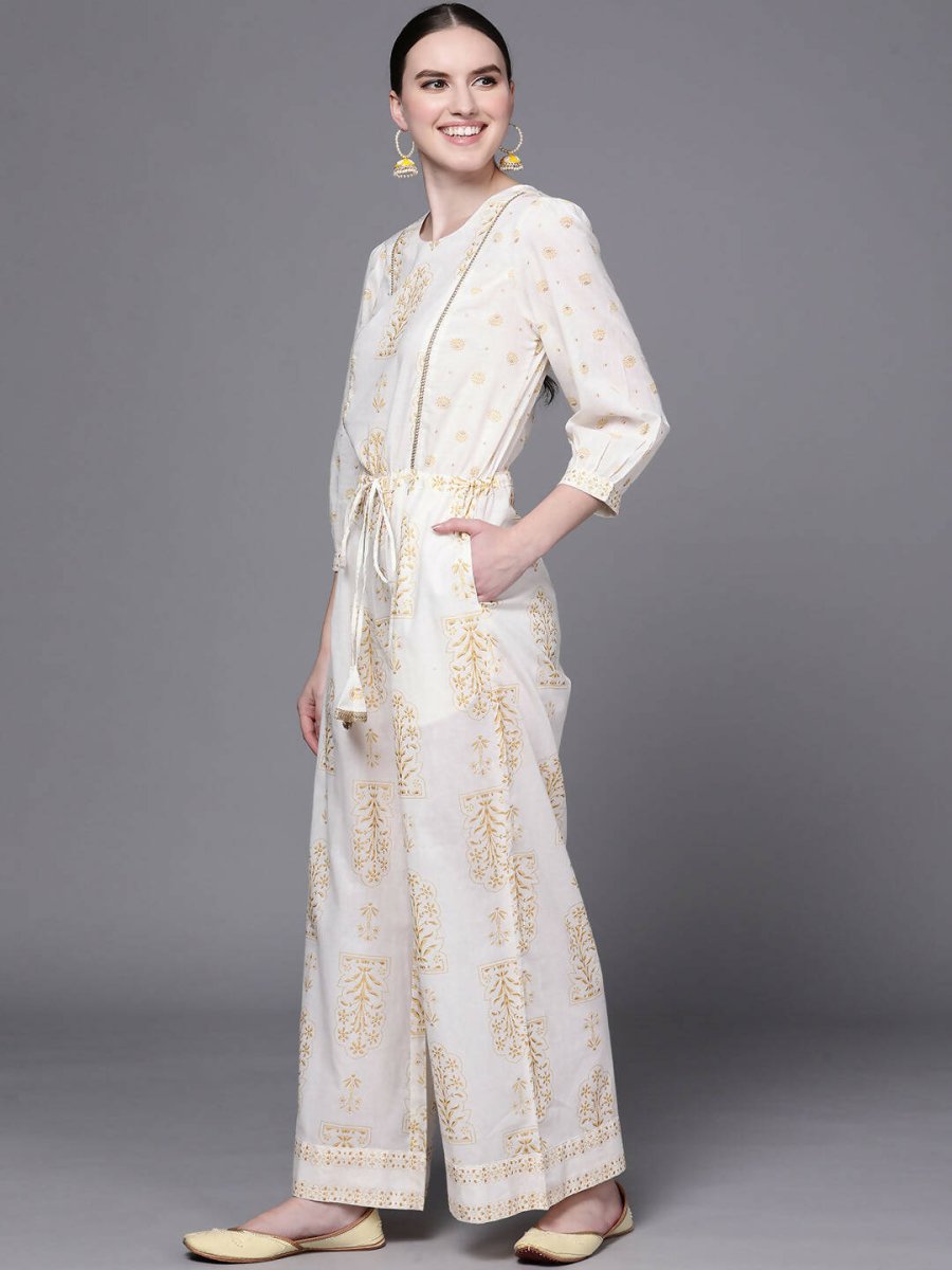 Ahalyaa Off White Printed Basic Jumpsuit