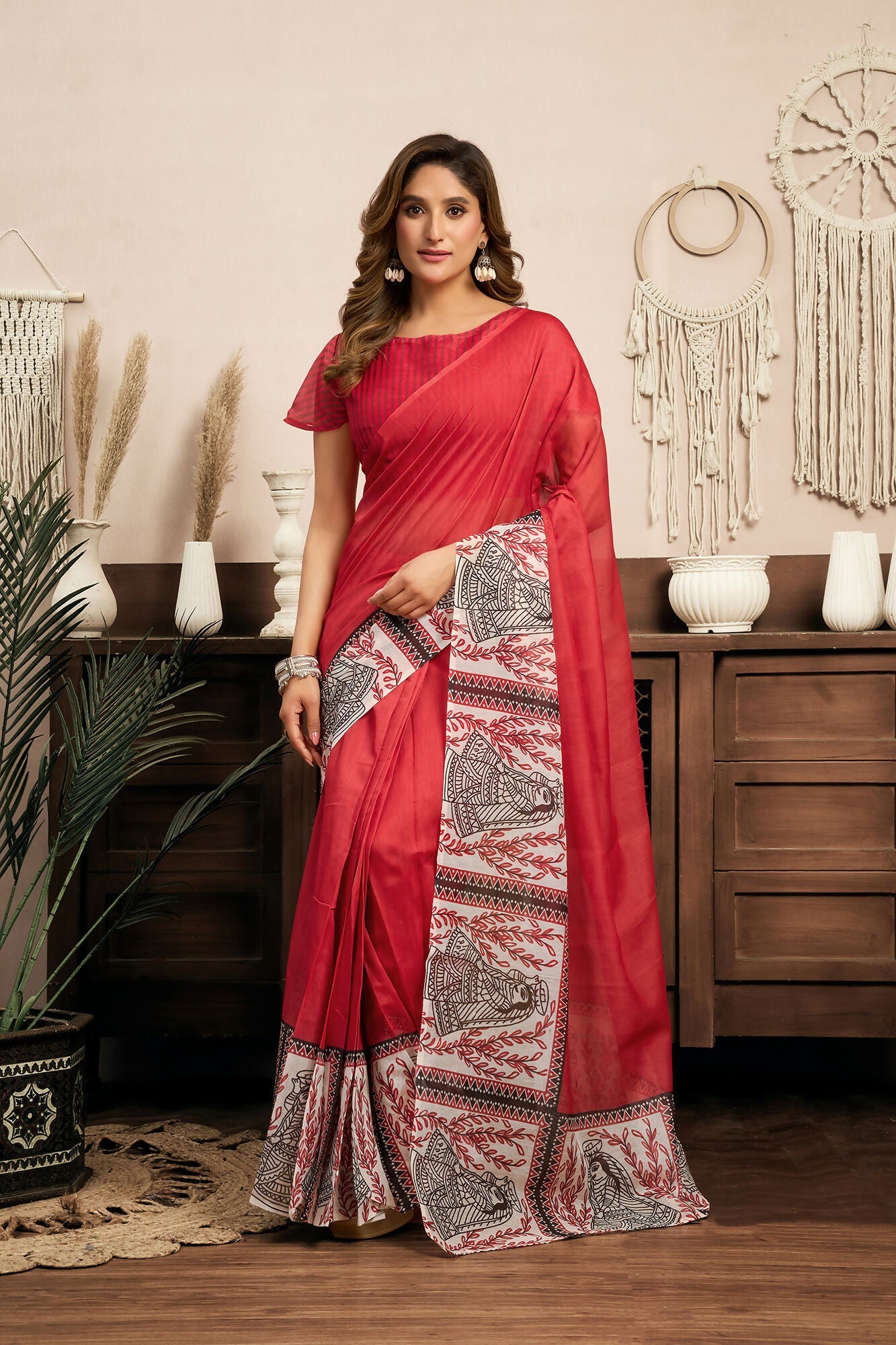Vastranavya Red Digital Printed Linen Ready To Wear Designer Saree with Unstitched Blouse