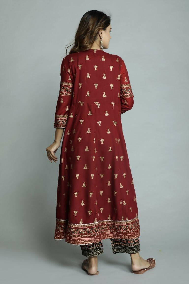 Alvano Women's Stylish Anarkali Kurti with Pant and Dupatta for Women and Girls (Maroon)