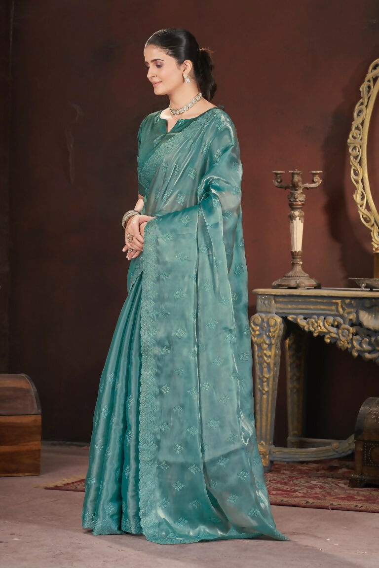 Vastranavya Teal Jimmy Choo Silk 3mm Sequence work with Cross Stitch Embroidery work & Cutwork Border Saree