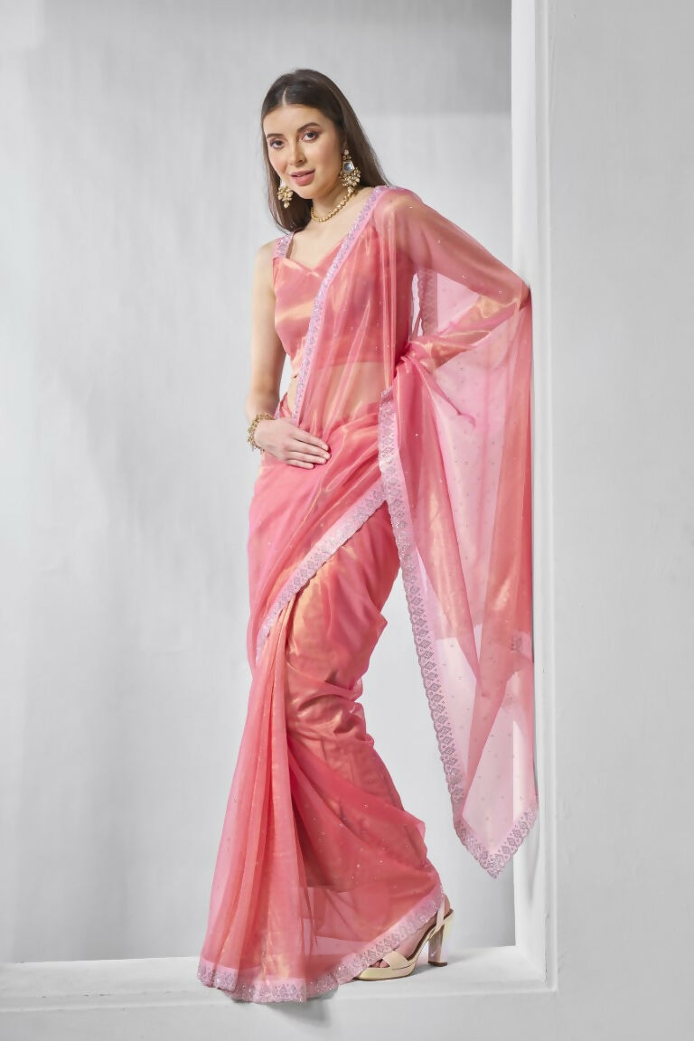 Pink Gold Tissue Net Solid & Gold Cotted Saree - Samaa