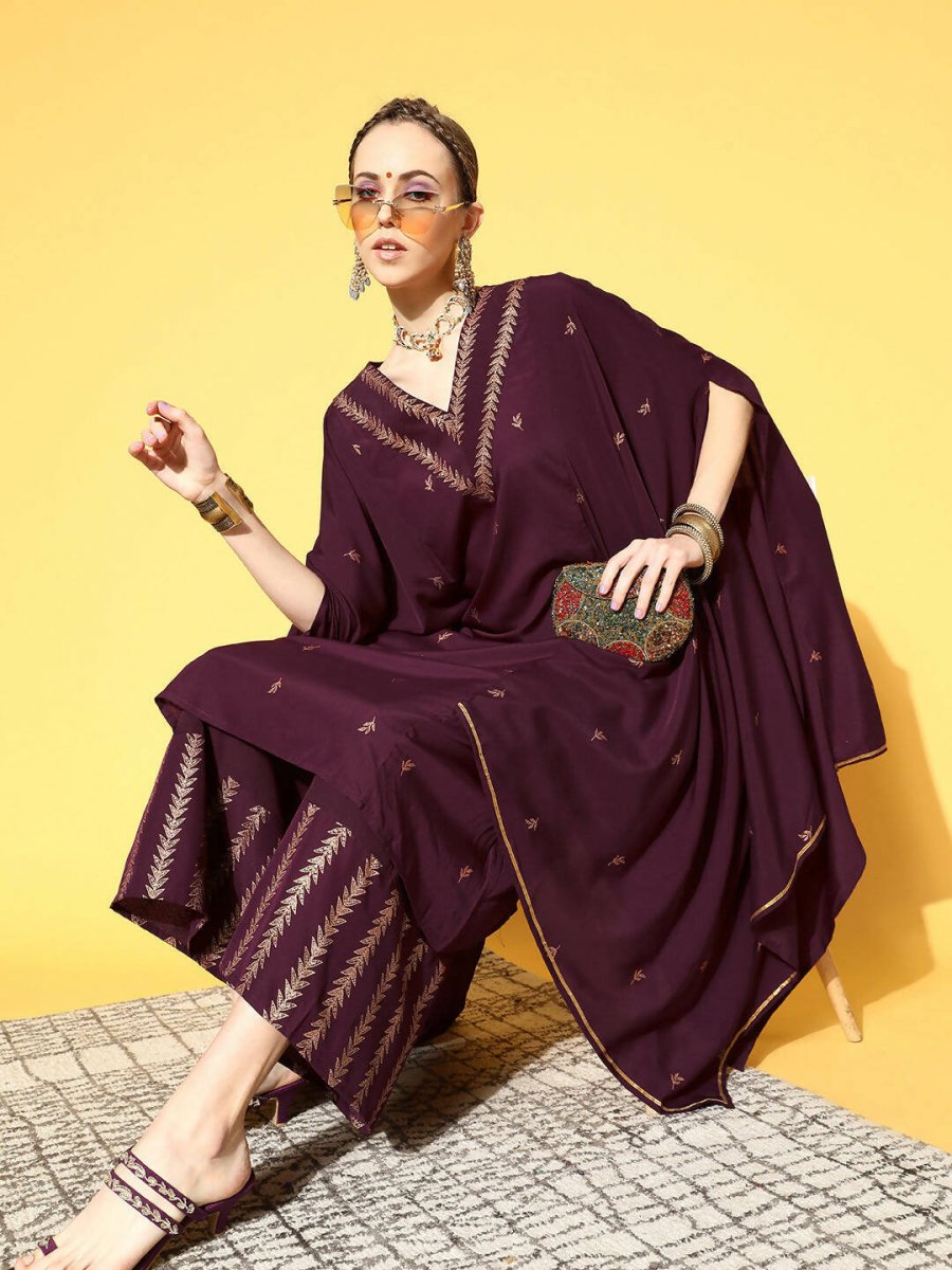 Ahalyaa Women Wine Colour Crepe Gold Glitter Print Kurta Palazzo Set