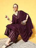 Ahalyaa Women Wine Colour Crepe Gold Glitter Print Kurta Palazzo Set