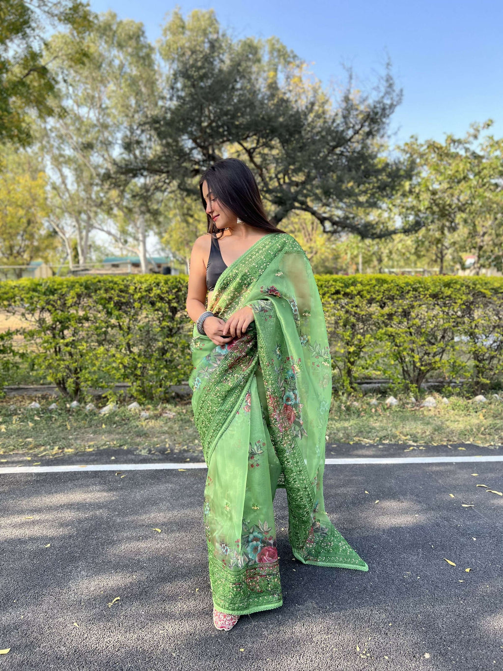 Vamsee Vidhi 1 Green Organza Saree