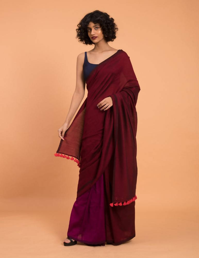 Suta Purple Maroon Colourblocked Cotton Acrylic Saree