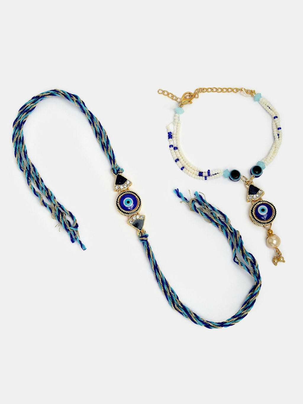 NVR Women & Men Set of 2 Blue Evil Eye Bhaiya Bhabhi Rakhi With Roli Chawal