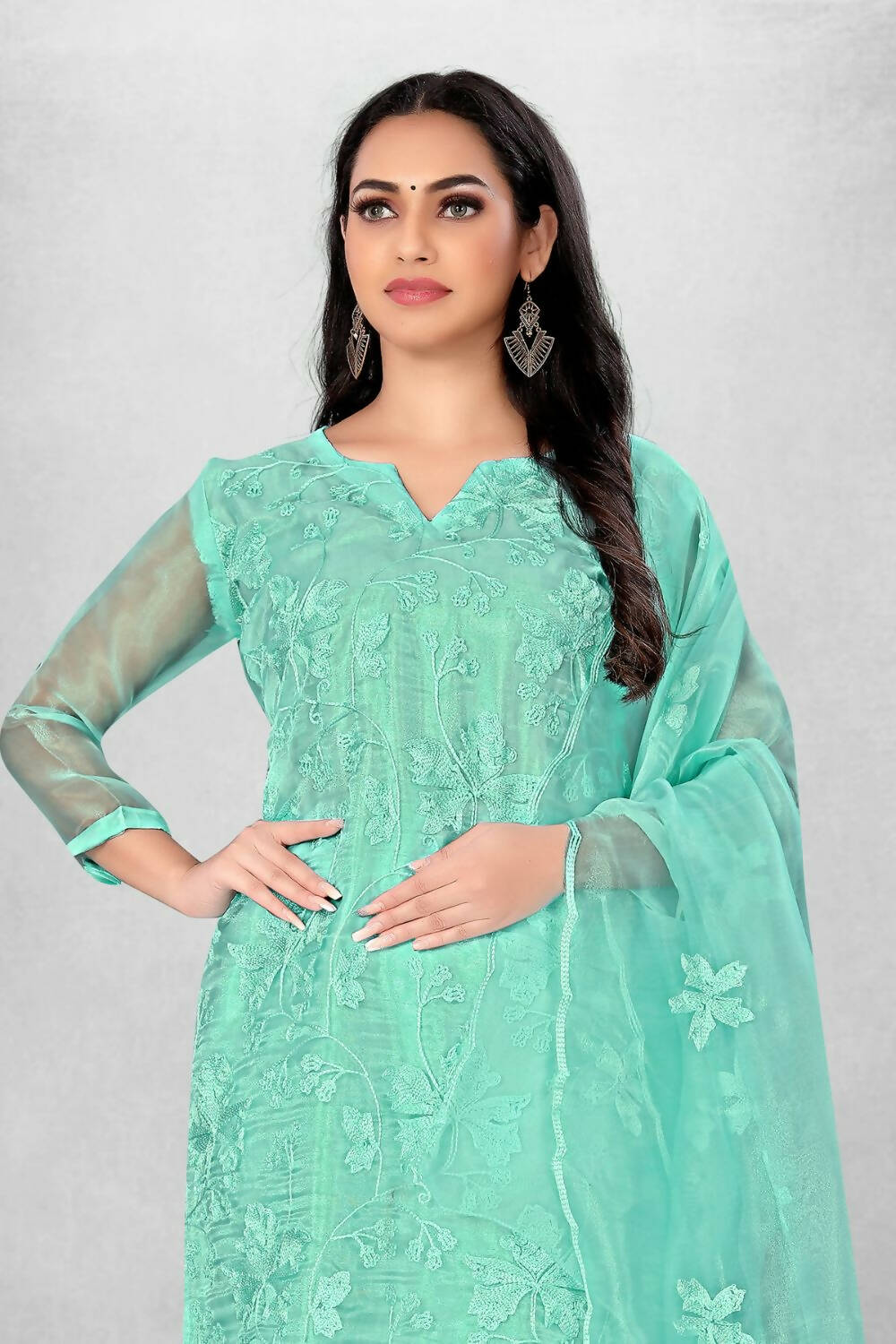 Sky Blue Heavy Organza Silk Embroidered Unstitched Dress Material - Amara