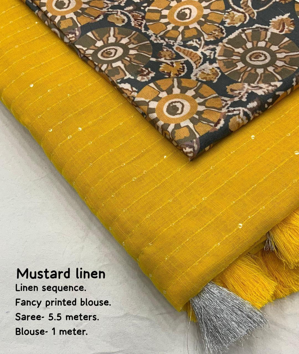 Mustard Linen Sequence Saree with Unstitched Blouse - Hiral Fashion