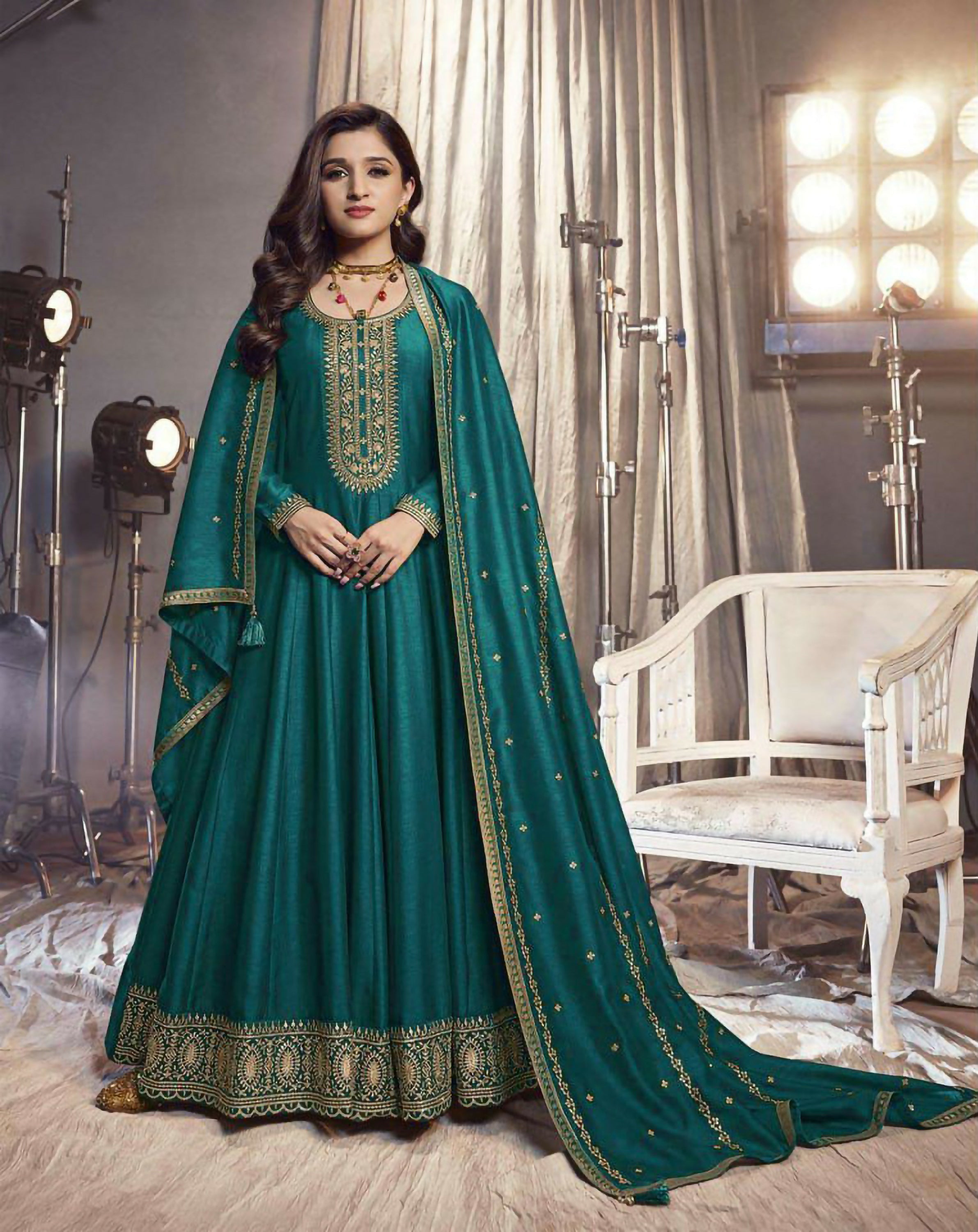 Vastranavya Nidhi Shah Teal Art Silk Embroidered Anarkali Suit