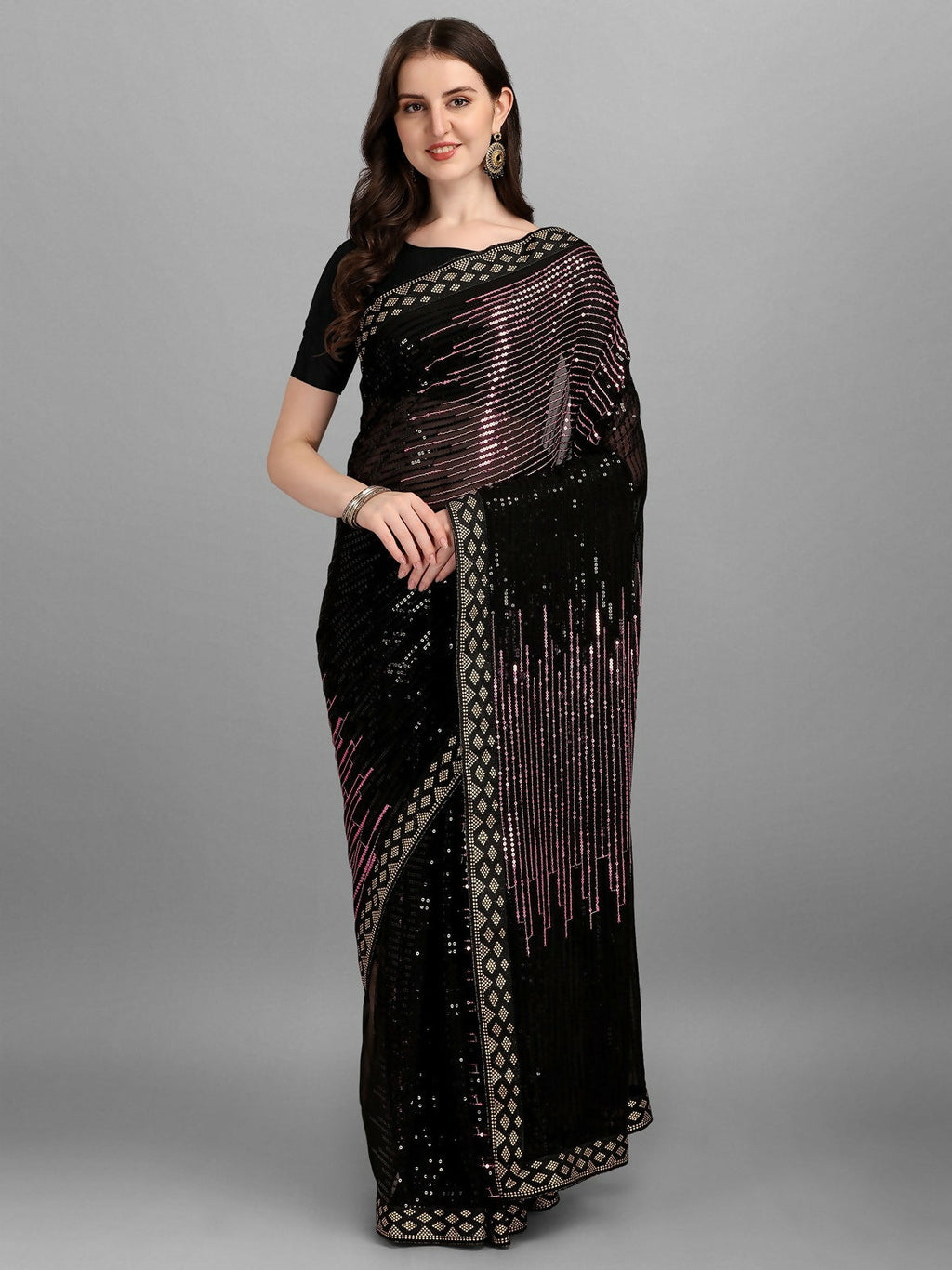 Vegaa Fashion Black Georgette Embroidered Party Wear Saree
