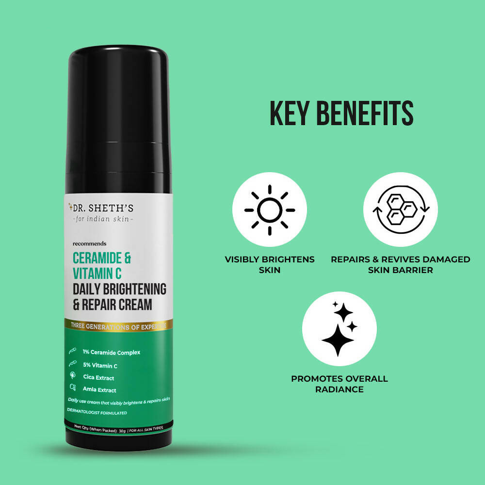 Dr. Sheth's Ceramide & Vitamin C Daily Brightening & Repair Face Cream With 5% Vitamin C, Cica & Amla, Brightens & Repairs Skin - Limited Time Offer