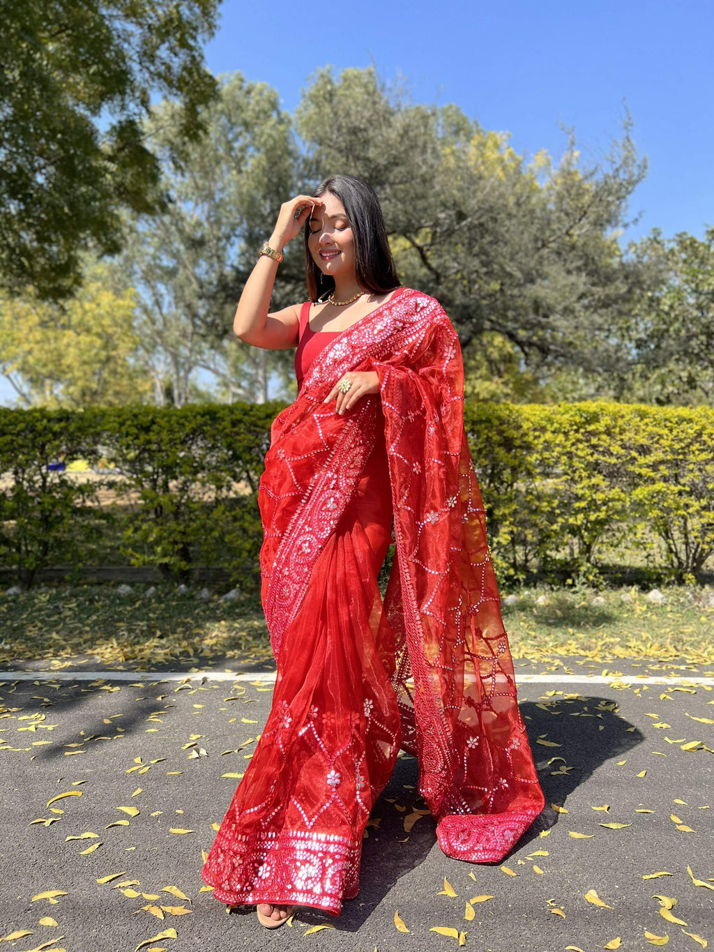 Vamsee Naina Red Organza Saree
