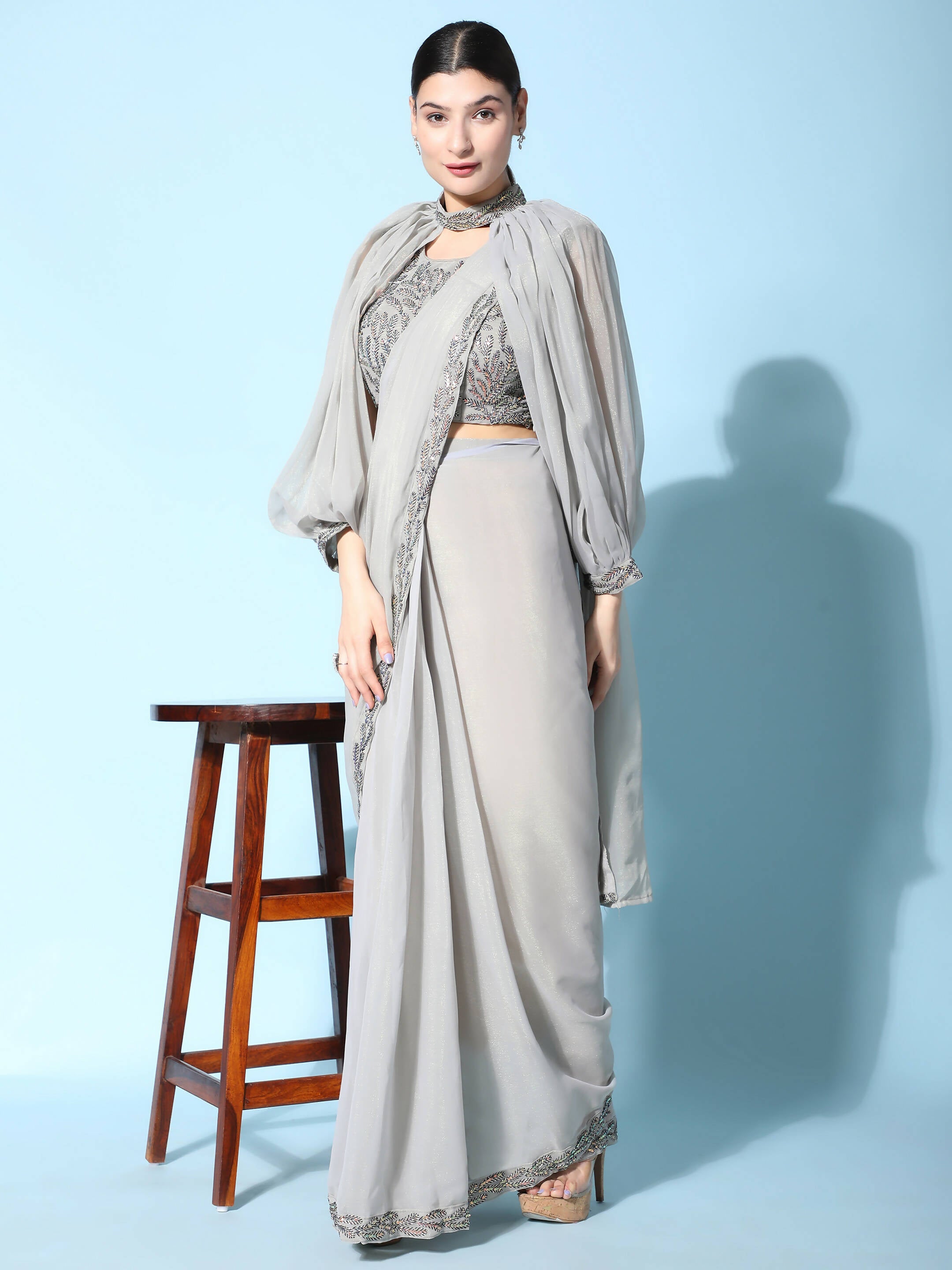 Grey Fancy Pure Fabric Plain Ready to wear Saree with stitched Blouse - Vrinda
