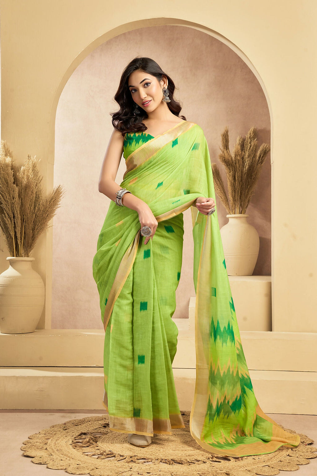 Vastranavya Mint Green Digital Printed Linen Ready To Wear Pocket Saree with Unstitched Blouse