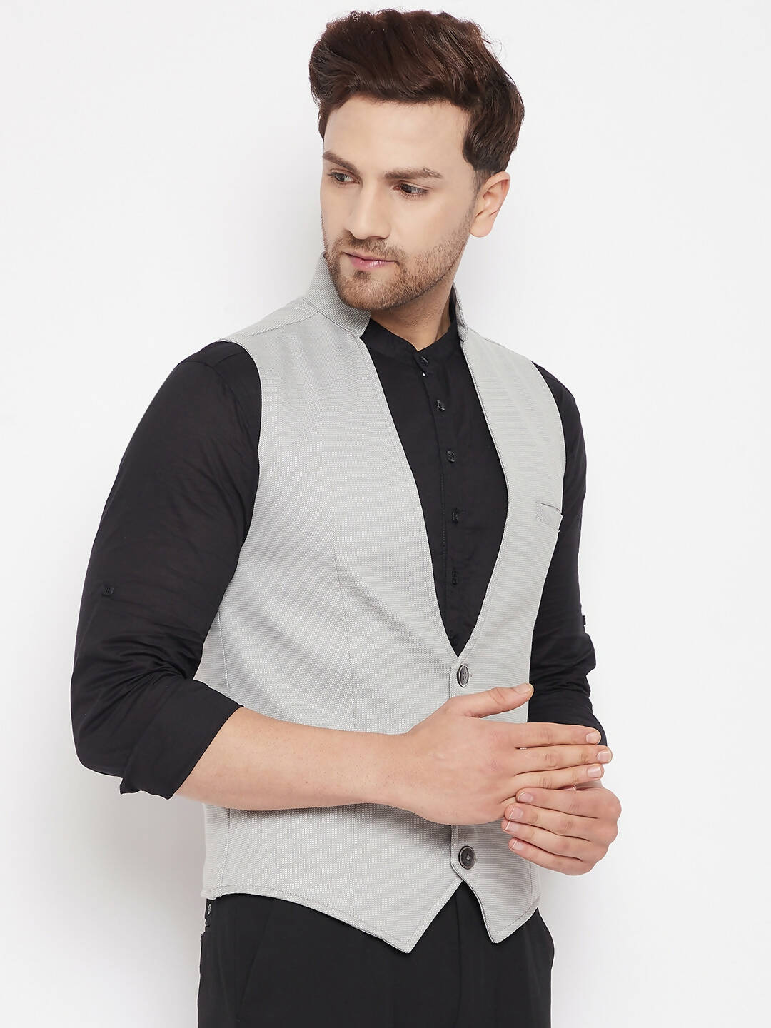 Even Apparels Grey Merino Men Woven Nehru Jacket