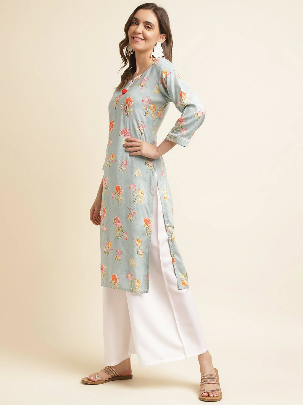 Blue Poly Rayon Floral Printed Straight Kurta - Prasuti