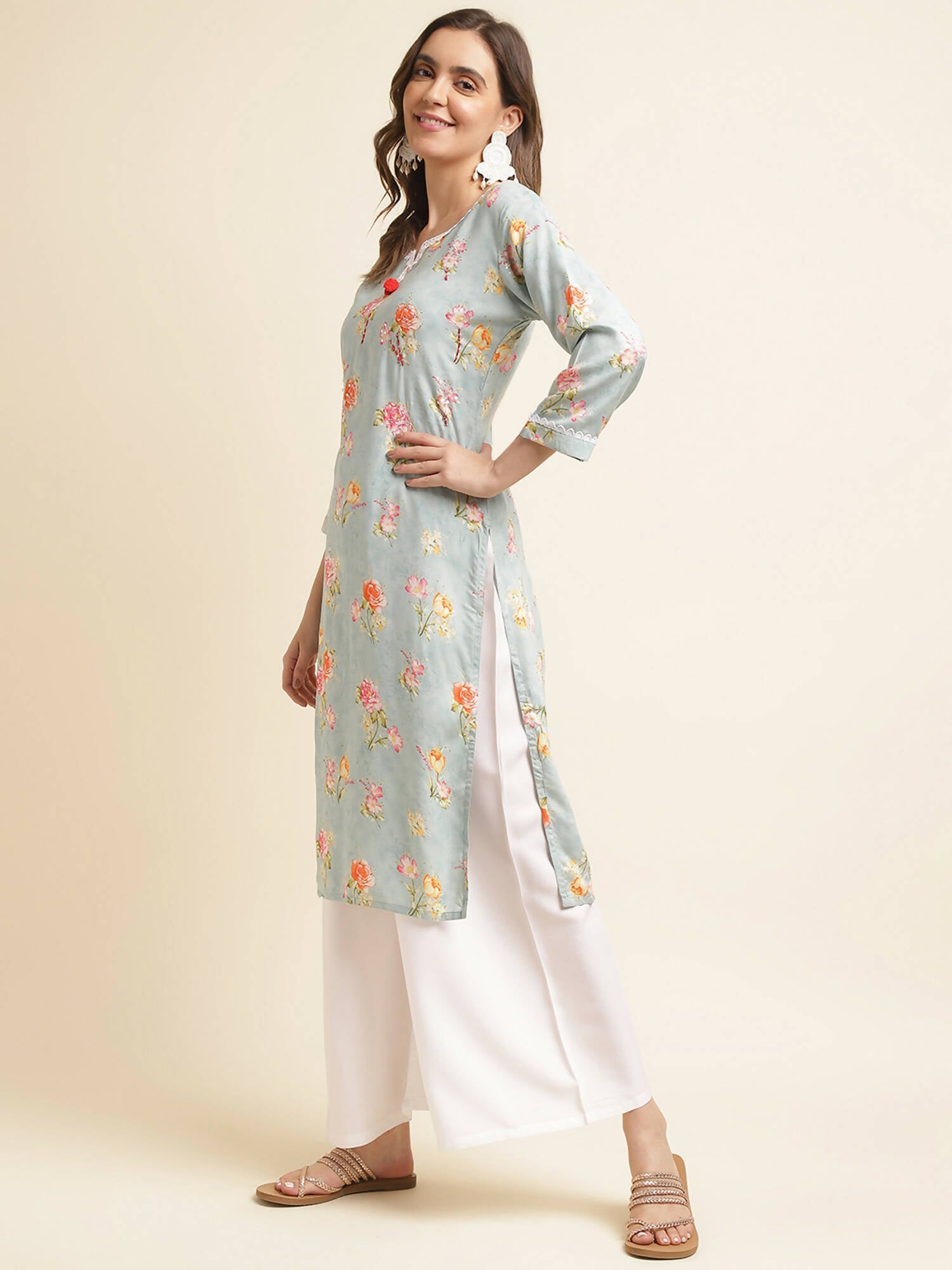 Blue Poly Rayon Floral Printed Straight Kurta - Prasuti