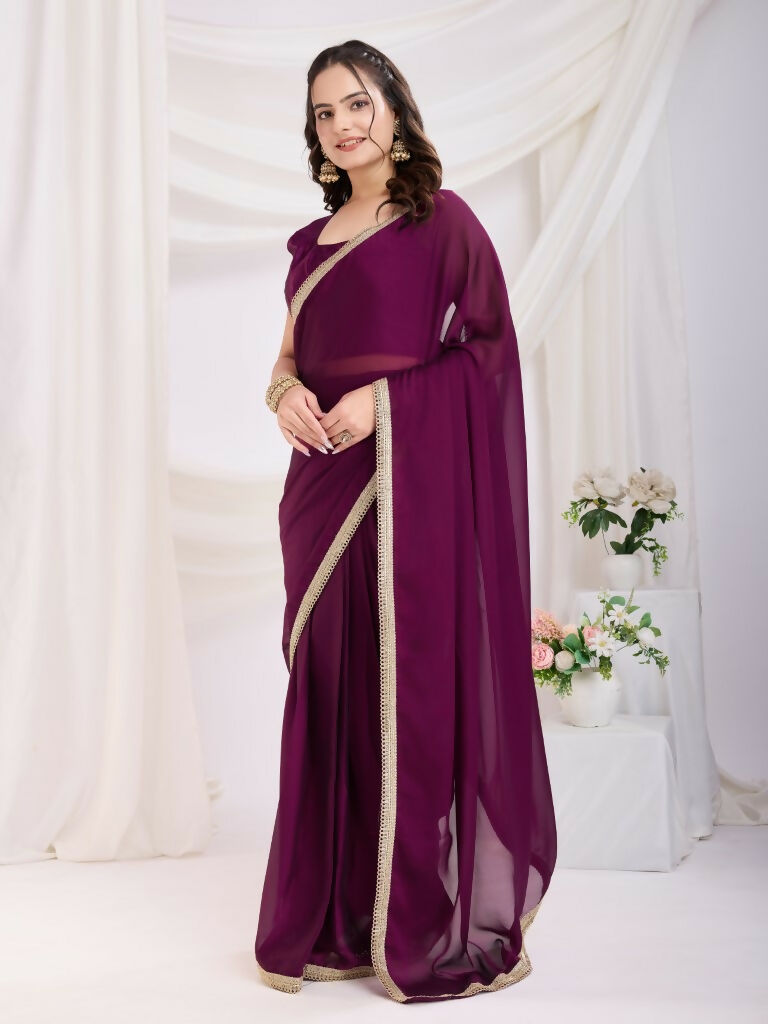 Purple Rangoli Silk Solid, Lace Border Ready To Wear Saree - Kashvi