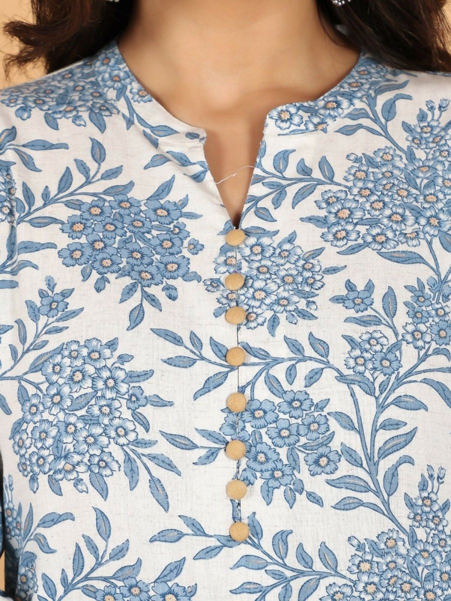 Aramya Blue Linen Cotton Floral Straight Kurta for Women