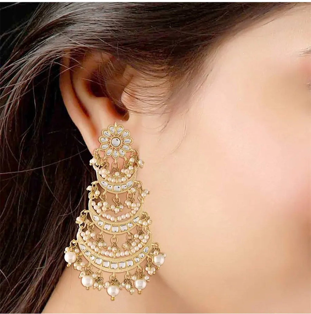 Jewel City Elegant Pearl Chandelier Earrings Traditional Gold-Plated Indian Wedding Jewelry