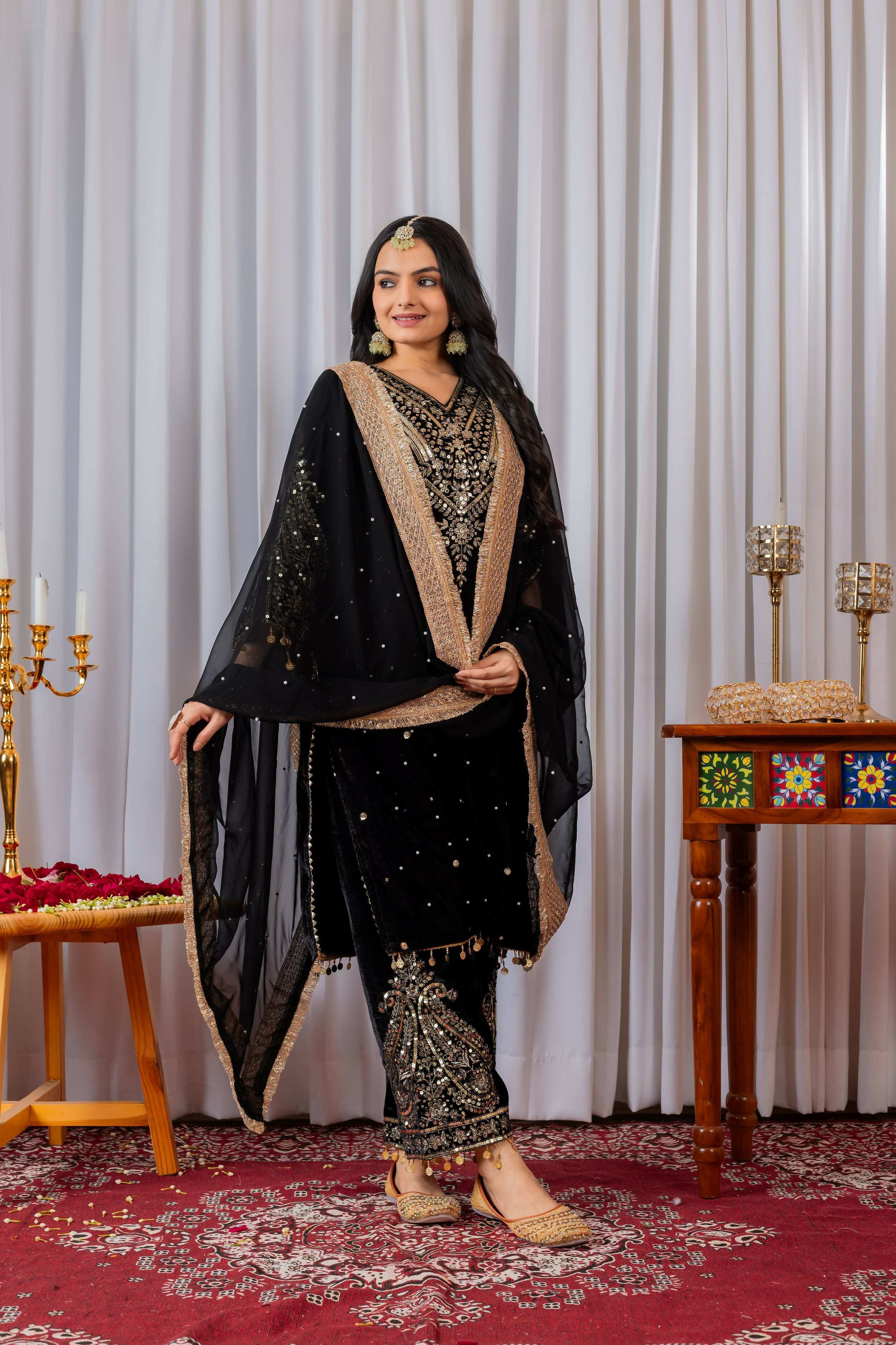Teeya Creation Black Color Velvet Silk Embroidery Work Party Wear Suit