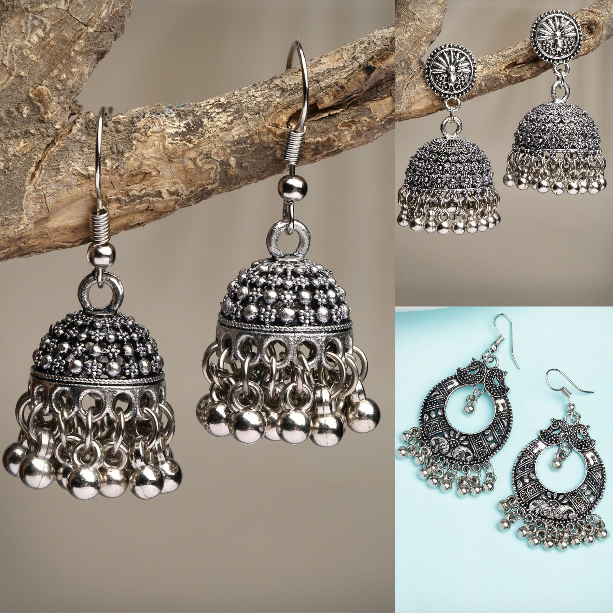 NVR Women's Set of 3 Silver-Toned German Silver Oxidised Dome Shaped Jhumka Earrings
