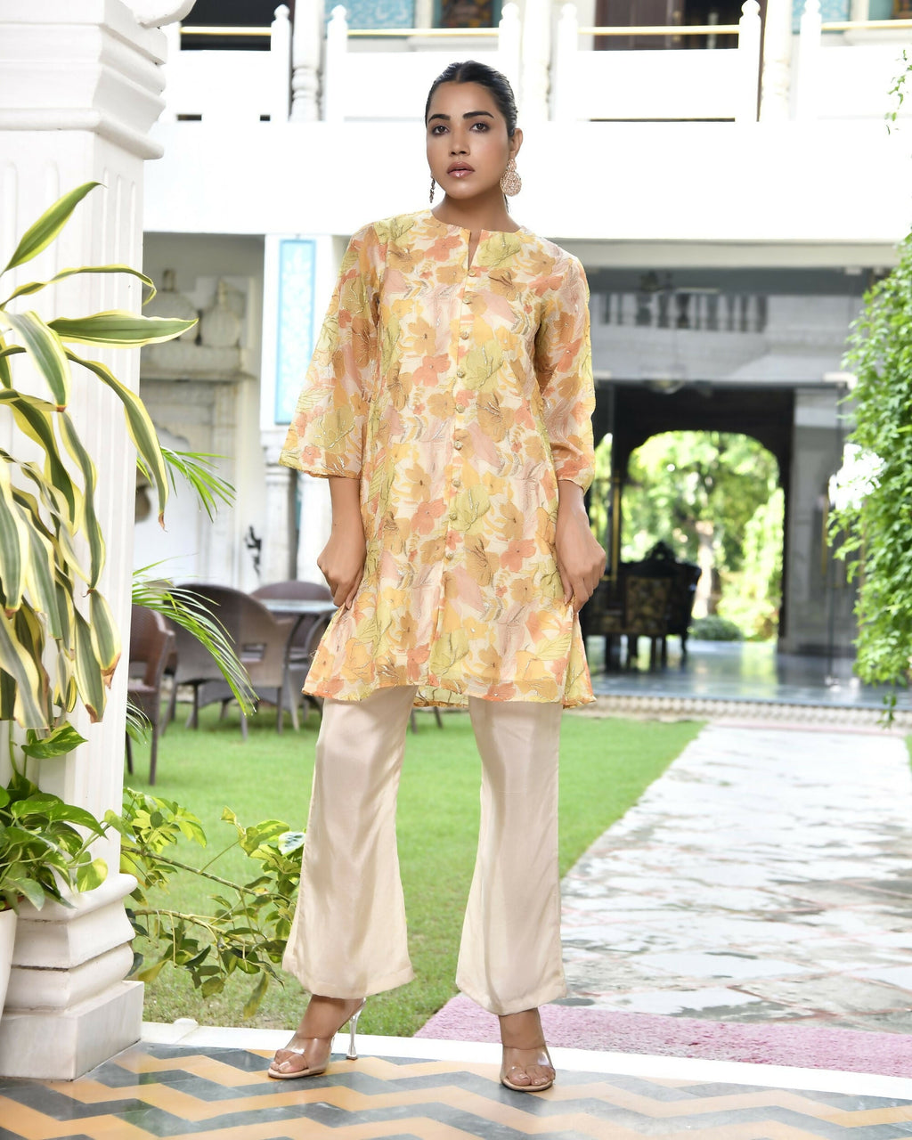 Vaasva Women's Lemon Yellow Organza Digital Printed Cord Set