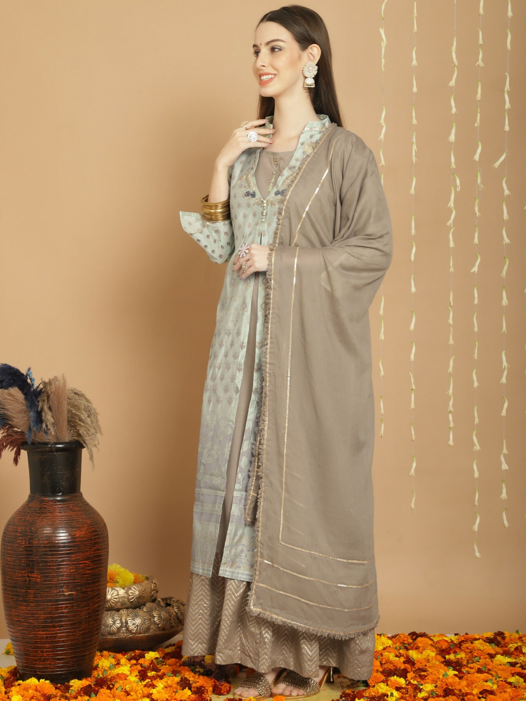 Jyoti Fashion Women's Green Chanderi Silk Elegant Jardoshi Semi Kurta with Trouser & Dupatta