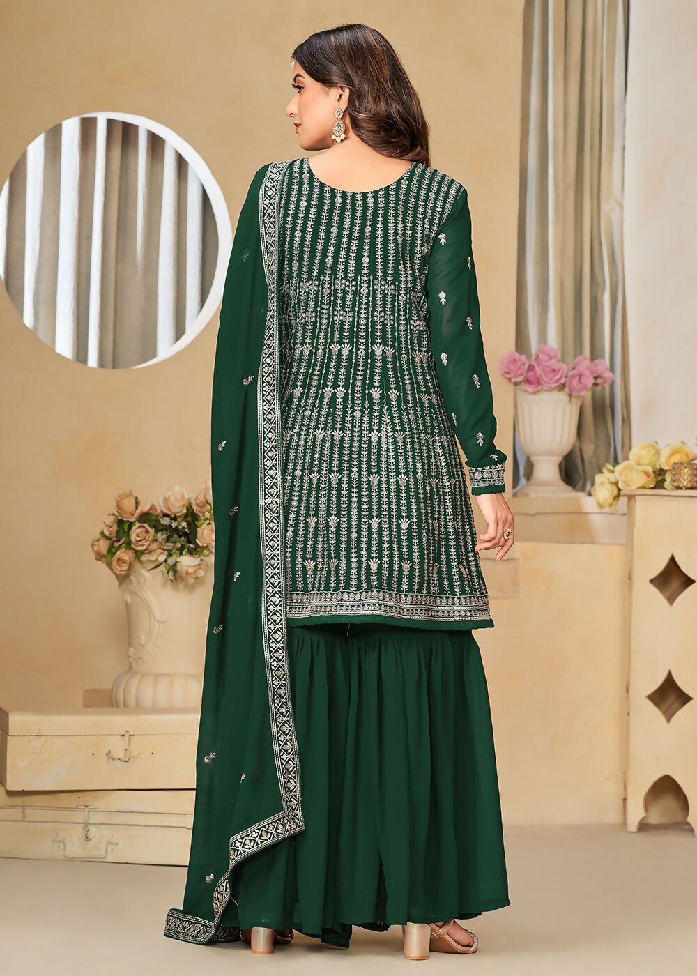 Faux Georgette Green Embroidered Gharara Style Suit - Emponline