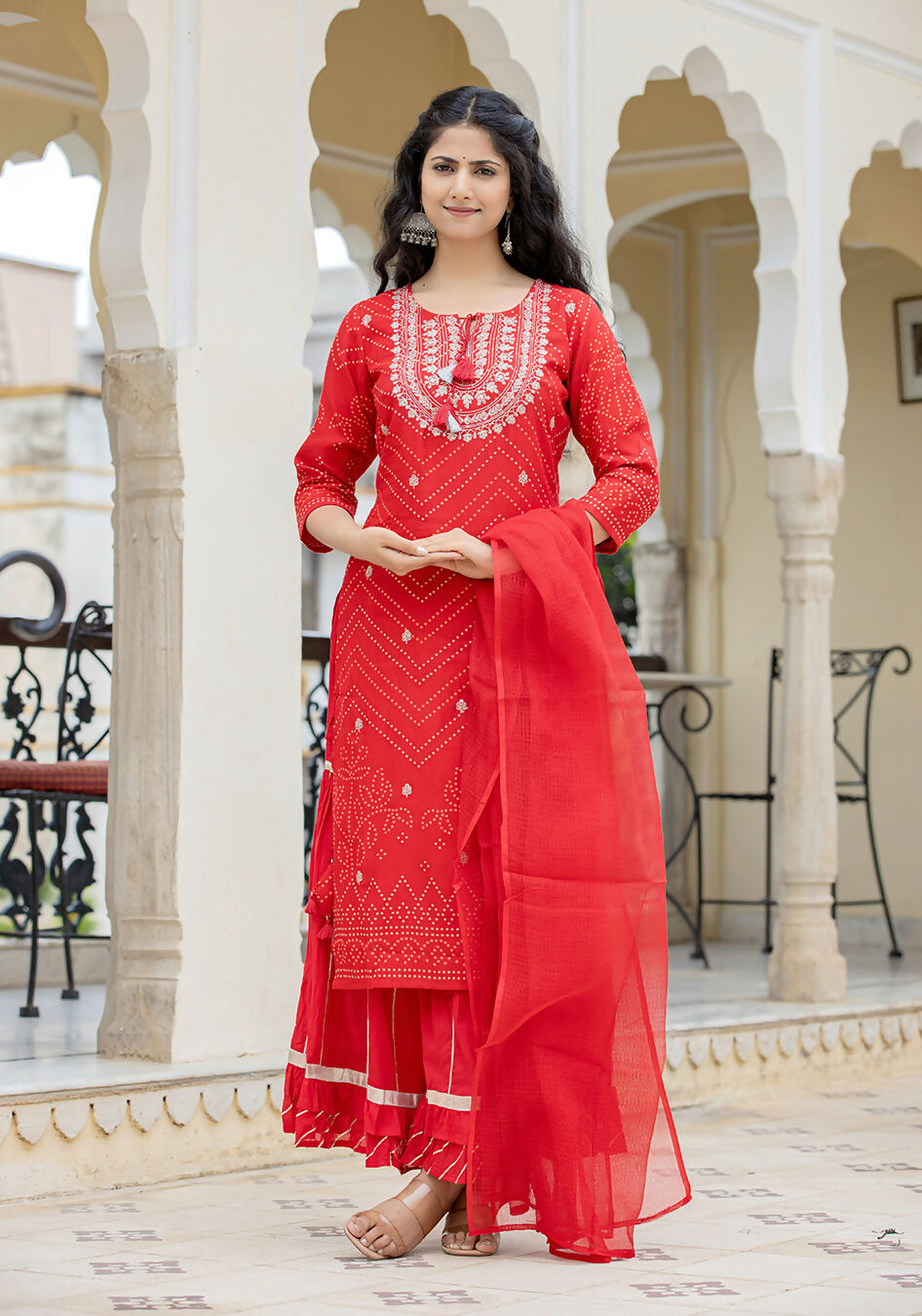 Kaajh Women's Red Embroidered Cotton Kurta Sharara Set With Dupatta