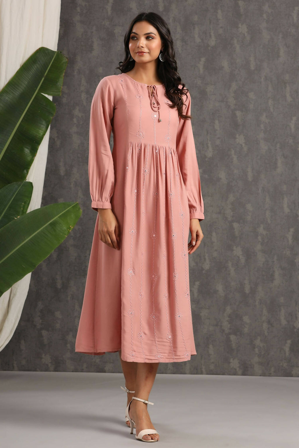 Juniper Womens Onion Pink Rayon Solid Maxi Dress With Mirror Embroidery And Full Sleeve