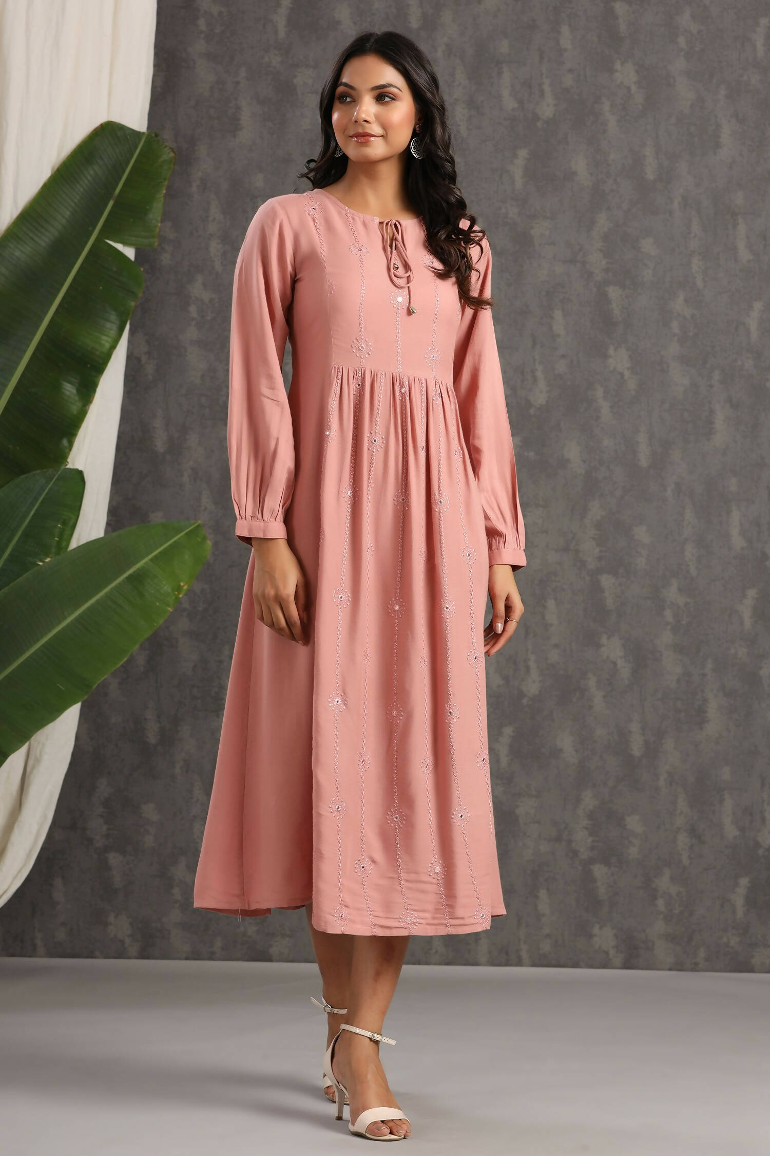 Juniper Womens Onion Pink Rayon Solid Maxi Dress With Mirror Embroidery And Full Sleeve
