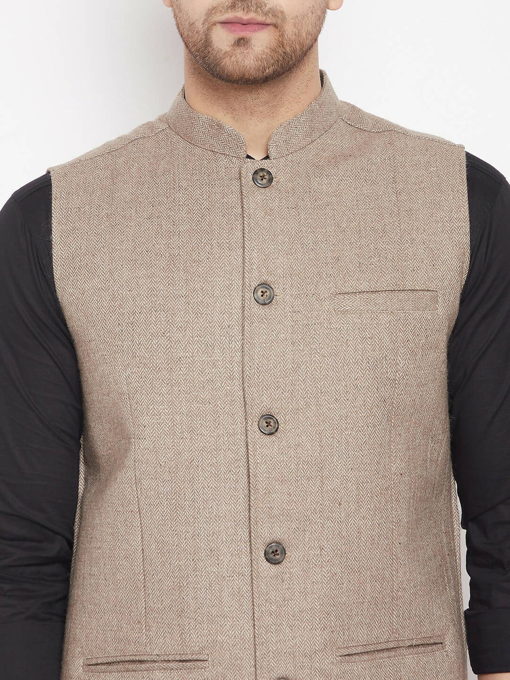 Even Apparels Beige Wool Men Woven Nehru Jacket