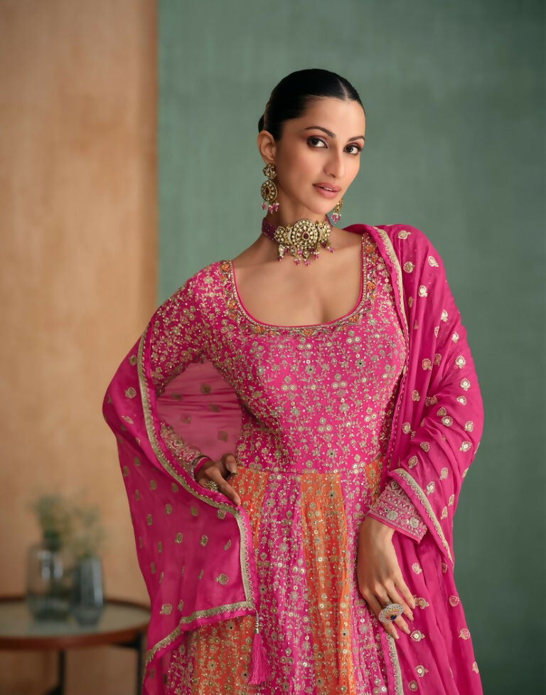 Vastranavya Pink Embroidered Sequence Work With swarovski Diamond Anarkali Salwar Suit Set