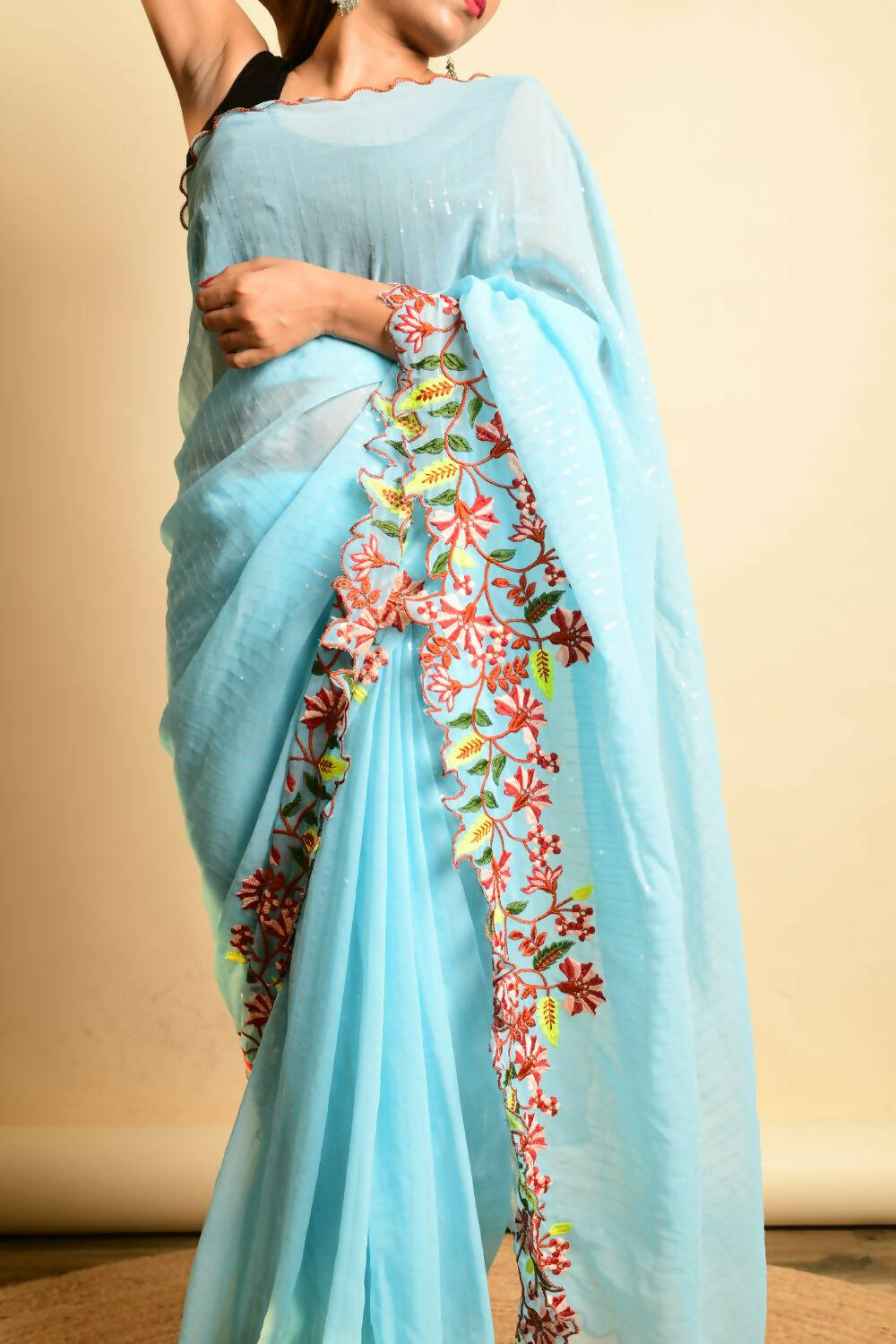 Vamsee Sky Blue Georgette Designer Saree