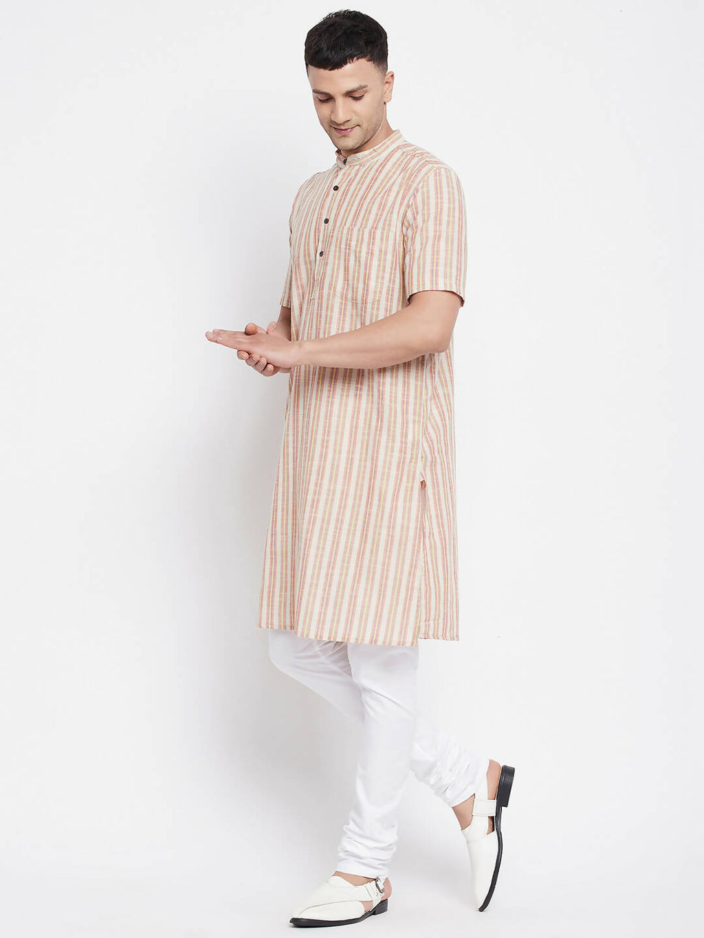 Even Apparels Yellow Pure Cotton Men's H/S Kurta With Band Collar