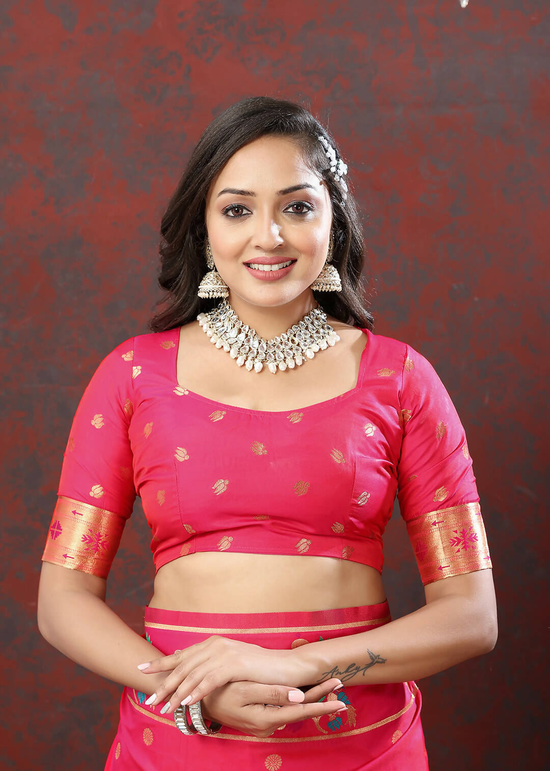 Lorenvalley Fashion Pink Soft Paithani Silk Woven Design Copper Zari Meenakari Weaving Saree