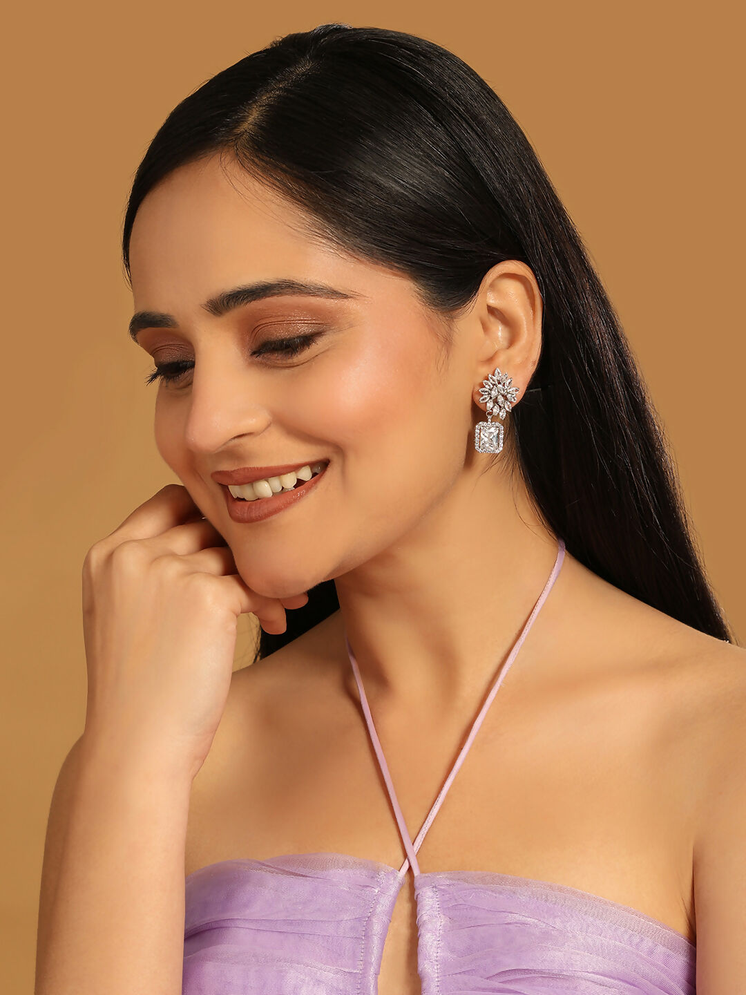 Nuyug Rhodium-Plated Rhinestone Studded Floral Minimal Cotemporary Studs