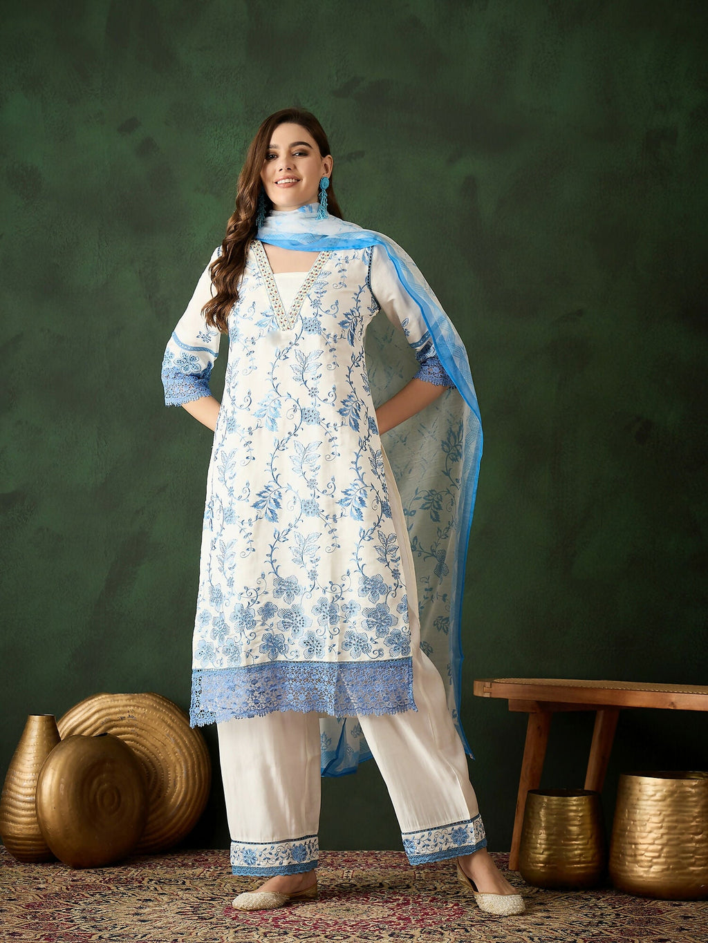 Blue & White Roman Silk Embroidered Kurta With Trouser & Dupatta - Bhumi